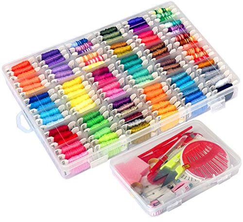 218pcs+ Embroidery Floss Cross Stitch Threads,Bracelet String Kit with Organizer Storage Box-Included 110pcs Friendship Bracelet Craft Floss,100pcs More Cross Stitch Tools Embroidery Kit for beginners