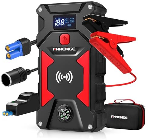 FNNEMGE Starthilfe Powerbank 5000A 12V (Alle Benzin und Bis Zu 8,0L Diesel) Auto Batterie Upgrade Booster,mit 10W Kabellos Aufladen Powerbank. und Intelligentes Starthilfekabel.