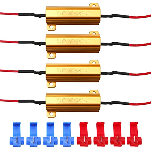YIXISI 4 PCS 50W 6ohm LED Load Resistor, Flasher Adaptor Flash Fix Error for LED Turn Signal Lights, LED License Plate Lights, DRL, Fog Lamps Decoder, with 8 Quick Wire Clip