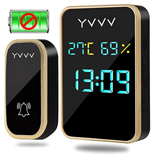 Campanello Senza Fili, YVVV Campanello Senza Fili Esterno Impermeabile e Autoalimentato senza Batteria, Visualizza Temperatura, Umidità e Ora, Campanello Wireless con 38 Melodie e 4 Livelli di Volume