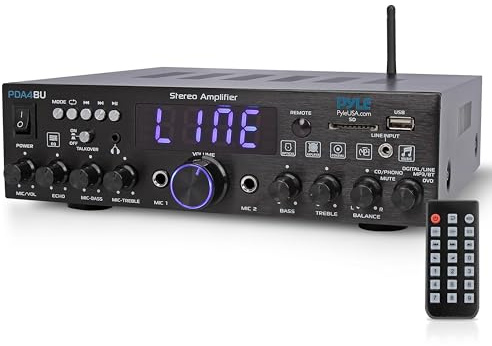 Pyle Wireless Bluetooth Home Stereo Amplifier- Multi-Channel, 200W Power Amplifier, Home Audio Receiver System w/ Optical/ Phono/ Coaxial, FM Radio, USB/SD,AUX, RCA, Mic in, Antenna, Remote- PDA4BU.5
