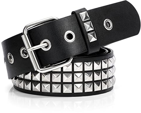 XZQTIVE Studded Belt Metal Punk Rock Rivet Belts for Women/Men Goth Belt with Bright Metal Pyramid for Jeans, Silver Buckle Black Belt, 110cm