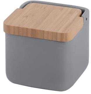 KOOK TIME Salero de Cocina de cerámica SQUARE | Tarro multiusos con tapa basculante de Bambú | Ideal para usar como Salero, azucarero o especiero | 11.5 x 11.5 x 11.5 cm. | Gris mate