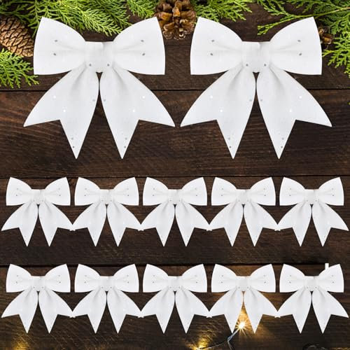 COLOFALLA 12pcs Lazos Navidad Blanco 15cm para Árbol de Navidad con Purpurina Decoración Navidad Adornos Navideños
