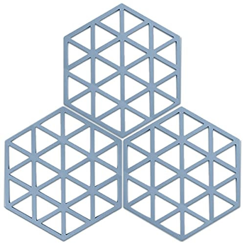 Kingmate Topflappen & Untersetzer aus Silikon 3er-Set, Kreative rutschfest Topfuntersetzer, Familie Platzdeckchen Isoliermatte, Spülmaschinenfest, Hitzebeständigkeit, Blau