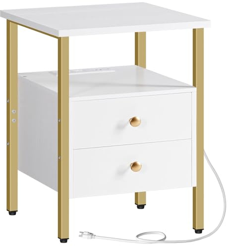 HOOBRO End Table with Charging Station, Bedside Table with 2 Drawer & USB Port & Type-C Port, Nightstand for Small Spaces, Stable and Sturdy, for Living Room, White and Gold DW43UBZ01