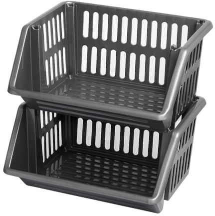 ZARVICZONIA Large Stacking Storage Baskets Veg Rack, Durable Plastic Stackers, Dimensions: 36 cm (L) x 30 cm (D) x 17.5 cm (H) (Grey, Pack of 2)