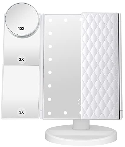 DenCert Makeup Mirror Vanity Mirror with Lights 1X 2X 3X 10X Magnification, Lighted Makeup Mirror, Touch Control, Tri-Fold Portable LED Makeup Vanity, Two Power Supply Modes, White
