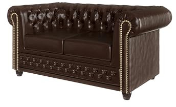 S-Style Möbel George Sofa 2-Sitzer Chesterfield-Sofa Mit Schlaffunktion für Wohnzimmer Lounge Couch Aus Veganem Leder Möbel Freistehende Polster Sofas & Couches Couchgarnitur Braun 148 x 86 x 72 cm