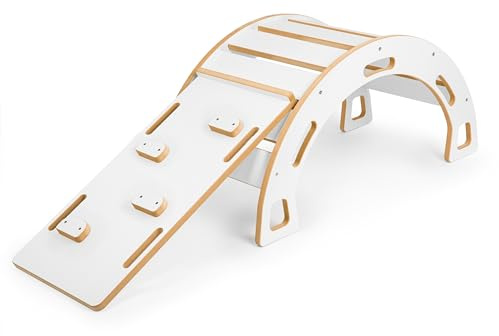 Obubu - Ensemble Arche d’Escalade, Bascule et Toboggan pour Bébé - Montessori - Structure d'escalade Intérieur en Bois - Faite à la Main - pour Enfant dès 1 an - Blanc