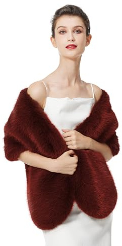 BEAUTELICATE Estolas para Bodas Fiesta Pelo Capa Poncho Invitada Boda Mujer Faxu Fur Shawl with Trim（Vino Rojo,talla única）