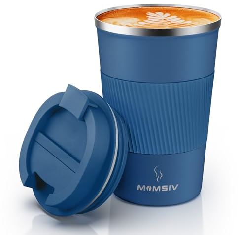 MOMSIV Coffee Cup, Insulated Coffee Cup with Leakproof Lid, Non-Slip Vacuum Reusable Stainless Steel Eco-Friendly Travel Office Mug for Hot and Cold Water Coffee and Tea, 380ml/13oz(Darkblue)