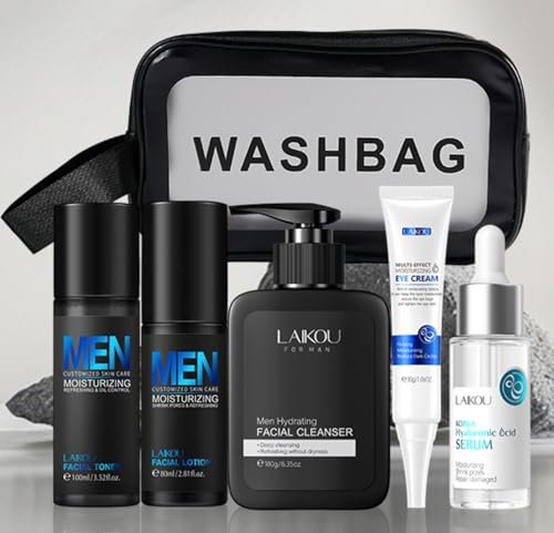 LAIKOU Gesichtspflege Männer, Gesichtspflege Set Männer, 6 Stück Skincare Routine Set Men, Gesichtsreiniger, Toner, Serum, Augencreme, Feuchtigkeitscreme, Kosmetiktasche, Geschenke Für Männer