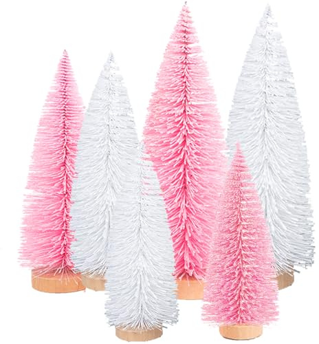 Lot de 6 mini sapins de Noël artificiels - (10/15/20 cm) - Petit sapin miniature rose et blanc avec effet neige - Décoration de Noël - Décoration de table - Pour bricolage - Vitrine