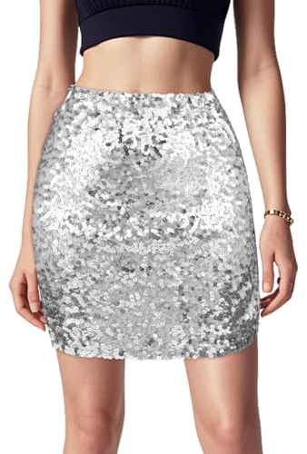 Aolso Falda de Lentejuelas para Mujer, Falda Sexy de Cadera, Minifalda Ajuste Brillante, Falda de Carnaval, Brillantes Trajes de Fiesta, Adecuado para Cumpleañoss Navidad Festivales de Música(Plata-L)