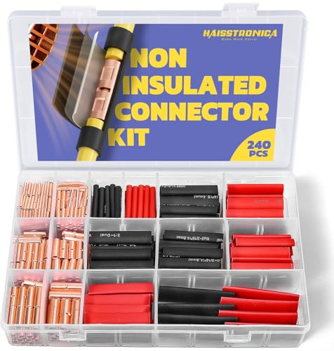 haisstronica Non Insulated Butt Connectors Kit, AWG 26-8 120pcs Bare Copper Splice Terminals with 120pcs 3:1 Heat Shrink Tubing for Automotive Marine，Precision chamfered Uninsulated Wire Connectors