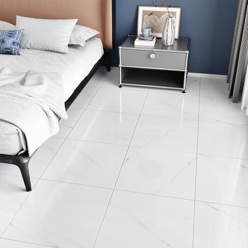 Yullpaper 24 stycken vinylgolv självhäftande vit PVC golvbeläggning kakeloptik glänsande kakelklistermärken golv självhäftande vinyl självhäftande självhäftande kakel badrum golv vita golvplattor