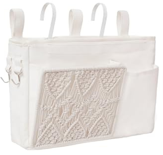 GYASVWU Boho Hanging Bedside Caddy Organizer, Macrame Bedside Pocket, Bunk Bed Organizer for Dorm Room , Baby Bed Rails, Magazine Storage, Toy Storage (White)