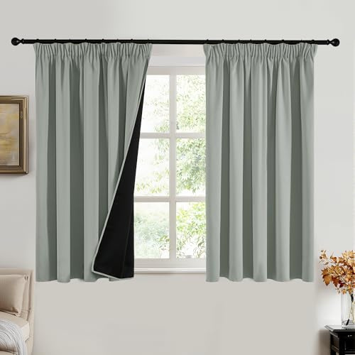 PONY DANCE 100% Blackout Thermal Insulated Curtains, 66x54 Inch, Sage Green | Pencil Pleat Rod Pocket Curtains for Bedroom and Living Room, 2 Panels, Noise Reduction, Light Blocking & Privacy Drapes