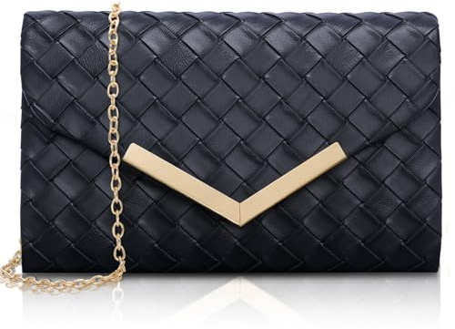 Larcenciel Bolso Mujer Negro, Elegante Bolso Fiesta Mujer de Cuero con Cadena Desmontable, Clutch de Noche Sobre a Cuadros, Moda Crossbody Bandolera, Carteras de Mano para Boda Fiesta Cena, 21x13x5CM