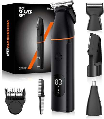 MAXGROOM Tondeuse Corps Homme Électrique, 4 en 1 Multifonction Tondeuse Intime Homme, 7000RPM Rasoir Partie Intime Professionnel, Long Endurance USB Rasoir Testicule Kit IPX6 Étanche