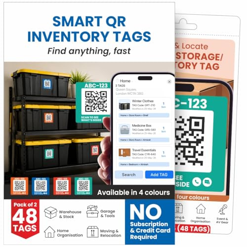 Letstrack 48Pcs in 4 Colours QR Smart Inventory Tags | Alexa Voice Search Scan Storage Stickers, Durable Color QR Coded Labels for Moving Parcel Boxes, Self Storage Bins, Home Office Garage Loft Use