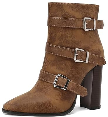 EICOFF Botines de tacón Alto con Punta Cuadrada para Mujer, Cremallera Lateral, Cuero Impermeable Tipo Biker, Zapatos Casuales de Moda para Uso Diario,Marrón,39 EU