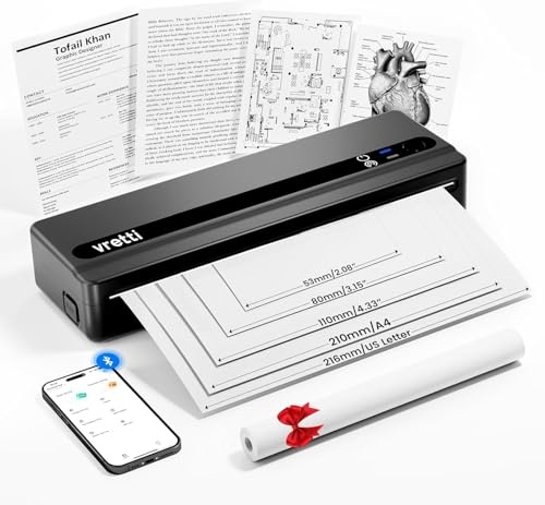 vretti Mobiler Drucker, Tragbare Thermodrucker unterstützt das Bedrucken von A4-Thermopapier,USB Thermodrucker unterstützt iOS und Android