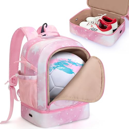 Smasrob Soccer Bags for Girls with Separate Ball Pocket and Shoe Compartment, Sports Backpack for Soccer, Basketball, Volleyball, Pink
