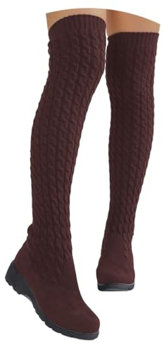 Generisch 2026 Botas de punto hasta la rodilla con tacón de plataforma grueso, elásticas, punta redonda, moda para invierno, informales y cómodas, marrón, 40 EU