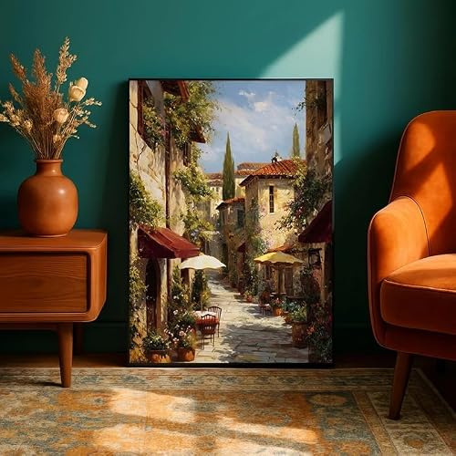 Marockansk innergård med apelsinträd, medelhavsmålning, kanvas, italiensk sommar, reseaffisch, kök, heminredning (70x100cm/utan ram)