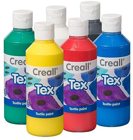 Creall Textil- & Stoffmalfarbe | Sortiment 6 x 250 ml Gelb, Rot, Blau, Grün, Weiß und Schwarz | Waschmaschinenfest nach Fixierung | Für T-Shirts, Jeans, Schuhe, Stofftaschen, Möbel