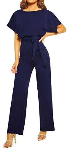 Walant Femmes Combinaison Manches Courtes Col Rond Couleur Unie Barboteuse Jumpsuit D'été Chic Élégant Slim Pantalon Loose Casual Combishort avec Ceinture