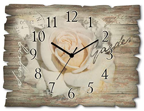 ARTLAND Wanddeko Wanduhr ohne Tickgeräusche aus Holz Funkuhr 40x30 cm Rechteckig Lautlos Blumen Rose Blüten Text Elegant Originell T5GJ