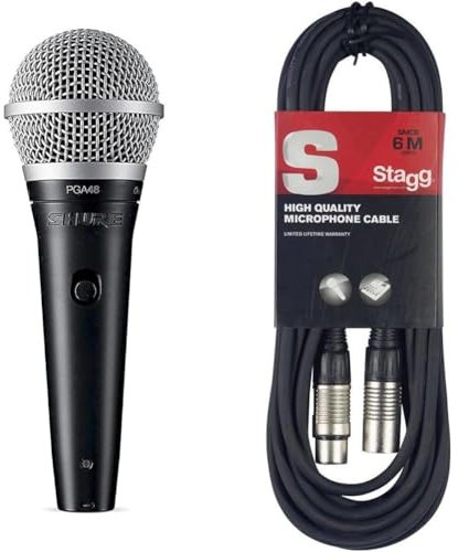Shure PGA48 Niere Dynamisches Gesangsmikrofon mit XLR-zu-XLR-Kabel & Stagg Hochwertiges Mikrofonkabel XLR-auf XLR-Stecker, 6 m, Schwarz