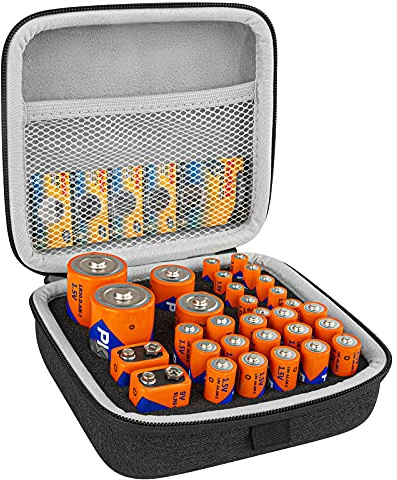 Linkidea Small Hard Case Battery Organizer Storage Box, Batteries Carrying Holder Container - Holds 34 Various Sizes AA AAA 9V C D Batteries (Dark Grey)