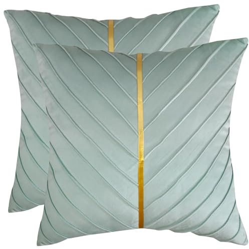 Tosleo 2 Stück Minzgrün Samt Kissenbezüge 40x40 cm Dekorative Couch Luxus Moderne Kissenbezüge für Wohnzimmer Schlafzimmer Sofa Kissen Bett mit Gold Leder