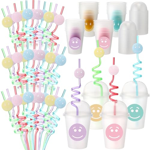 Yaomiao Smile Face Sipper Cups with Straws and Lids, 12 oz Clear Plastic Cups Happy Face Party Cups with Dome Lids Happy Party Favors for Kids, Tea, Coffee, Smoothie, Cold Drinks(32 Pack)
