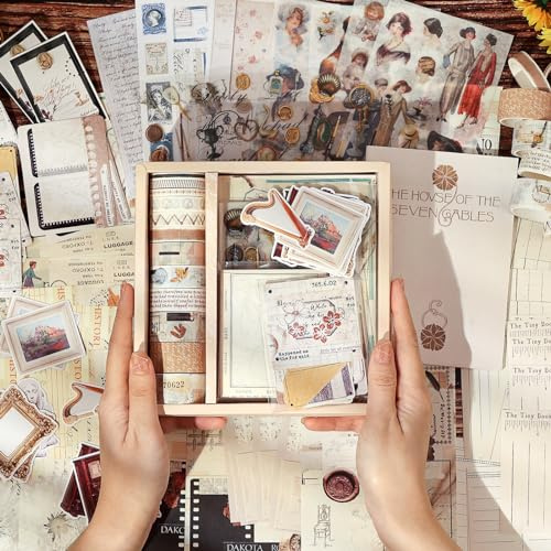 NOGAMOGA Set Vintage de Scrapbook y Bullet Journal Con A6 Cuaderno, 12 Washi Tape, Pegatinas - Regalo Estético Para Mujeres y Principiantes