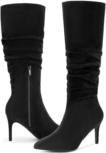 Allegra K Women's Denim Slouched Stiletto Heels Knee High Boots Black 6 UK/Label Size 8 US