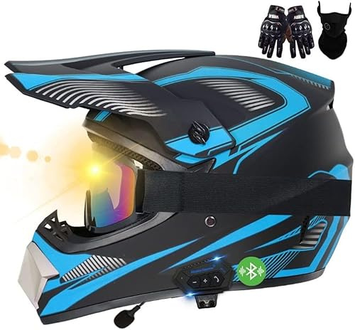Motocross Bluetooth-hjälmar, ECE-godkänd motocrosshjälmar med handskar/glasögon/mask, bekväm och ventilerad, säker, lämplig för motocross, MTB, cross-bike c, XL61-62cm