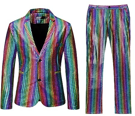Mymyguoe Completo da uomo con paillettes metallizzate, 2 pezzi, blazer pantaloni, due pezzi, smoking, completo da uomo, set per ballo di fine anno, completo da uomo con glitter brillanti, palla da