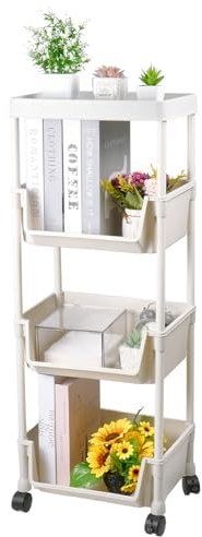 BOUTICOL Küchenwagen 4 Ebenen Rollwagen mit Arbeitsplatte Nischenregal auf Rollen für Büro Wohnzimmer Küche Arbeitszimmer Bad 34x 20 x 90cm Weiß