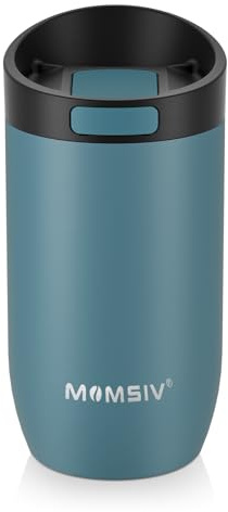 MOMSIV Travel Mug, 350ml Stainless Steel Insulated Coffee Cup with Push Button Lid, Vacuum Reusable Leakproof Double Wall Travel Office Mug for Hot and Cold Drinks, DarkGreen
