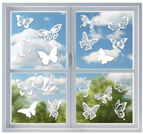 8 Sheets Anti-Collision Window Bird Stickers, Hollow Butterfly Safe Window Clings, Window Clings Translucent Alert Bird, for Glass Sliding Door Kitchen Bedroom Decor