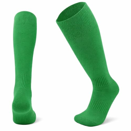 1STLY FITNESS - Calzini al ginocchio 1 paio Taglia Piccola-Media 1-6, EU32 - EU37 per bambini, per calcio, football, hockey, rugby, sport, traspiranti, assorbenti, antiscivolo, colori uniti, Verde, 32
