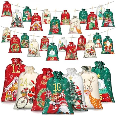 2025 Calendrier de l'Avent à Remplir, 24 Sachets de Calendrier de l'Avent, Calendrier de l'Avent en Tissu à Remplir, Pochettes de Calendrier de l'Avent à Remplir Soi-même pour Enfants et Adultes