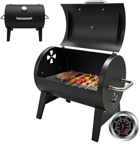 kisidus Barbacoa de carbón con termómetro integrado, diseño de barril, barbacoa de carbón para camping, parrilla de carbón, parrilla de 43 x 32 cm, color negro