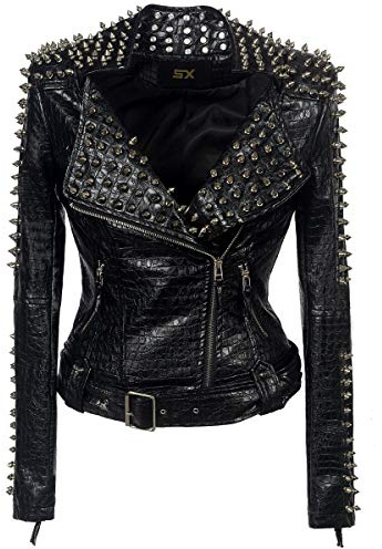 SX Women Punk Faux Leather PU Black Jacket Studded Rivet Fashion Streetwear Motorcycle Coat (M, Black)