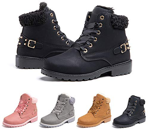 Ladies Ankle Boots Womens Fur Lined Snow Shoes Winter Combat Boot Warm Lace Up Outdoor Plat PU Leather Booties Comfy Fashion 3.5-9 UK Black 38 (5 UK)